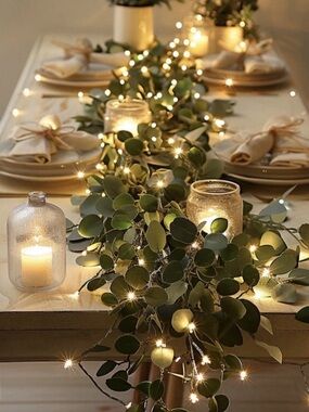 Olive Leaf Garland Table Runner Warm White Fairy Lights Waterproof 96 LED Lights